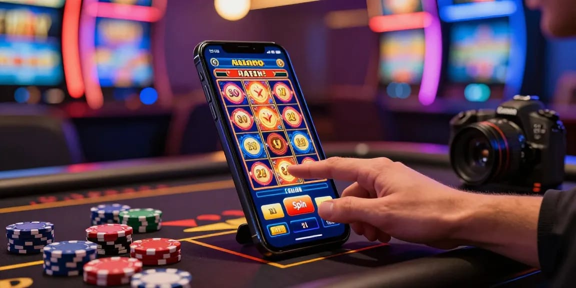 Exciting scene showcasing a player engaging with a slot game on a smartphone with vibrant graphics, highlighting slot deposit 1000 options in online gambling.