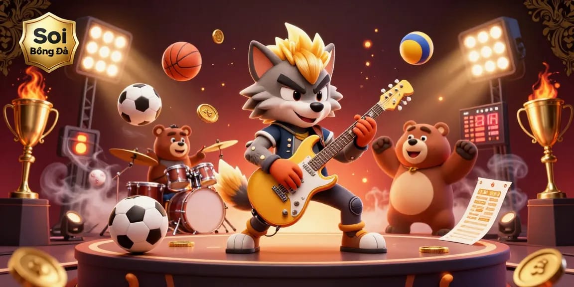 Soi Kèo Bóng Đá showcases an exciting scene with a rock star wolf and drummer bear amidst flying sports balls and golden elements.