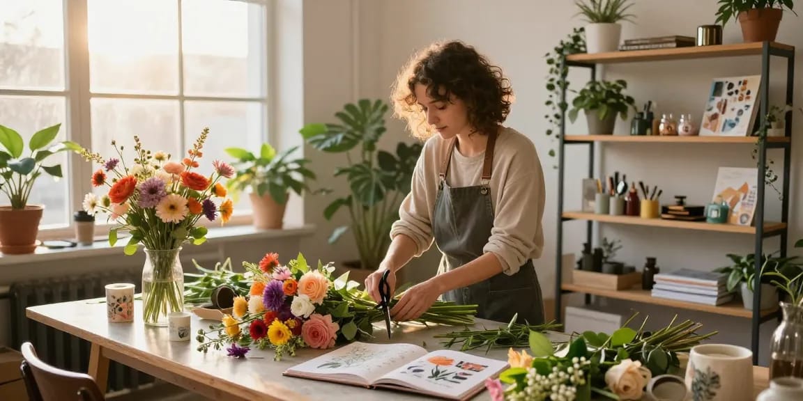 Floral artist arranging vibrant seasonal flowers in a bright workshop, showcasing MODALWD design lessons.
