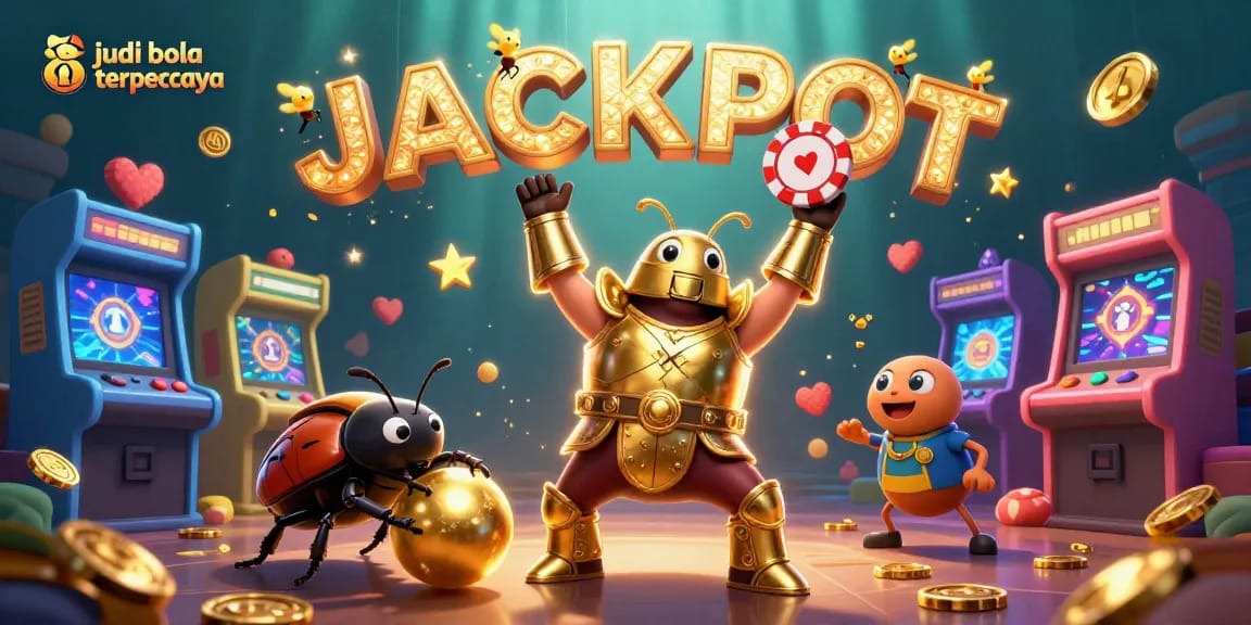Engage in judi bola terpercaya with a victorious beetle celebrating along with gold elements in a vibrant scene.