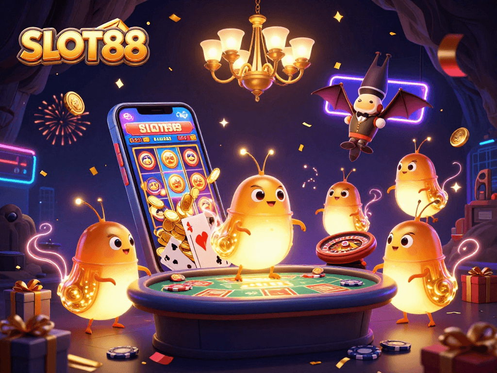 Permainan SLOT88 memukau dengan cahaya ekor kuning glowworm di kasino gua, penuh aksesoris kasino.