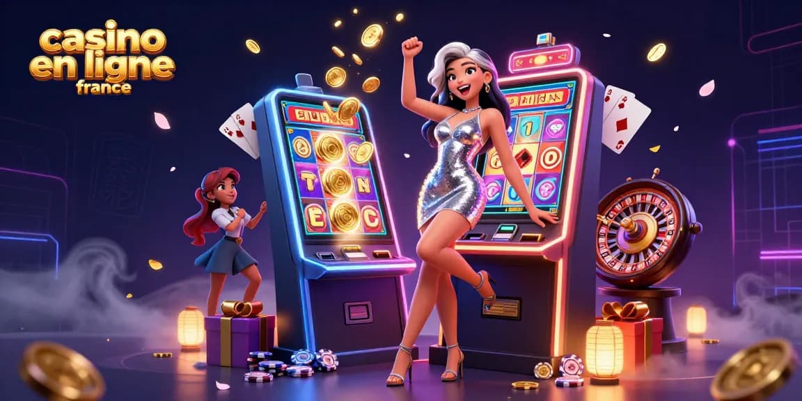 Jouez et gagnez au casino en ligne France avec une illustration vibrante d'excitation et de célébration.