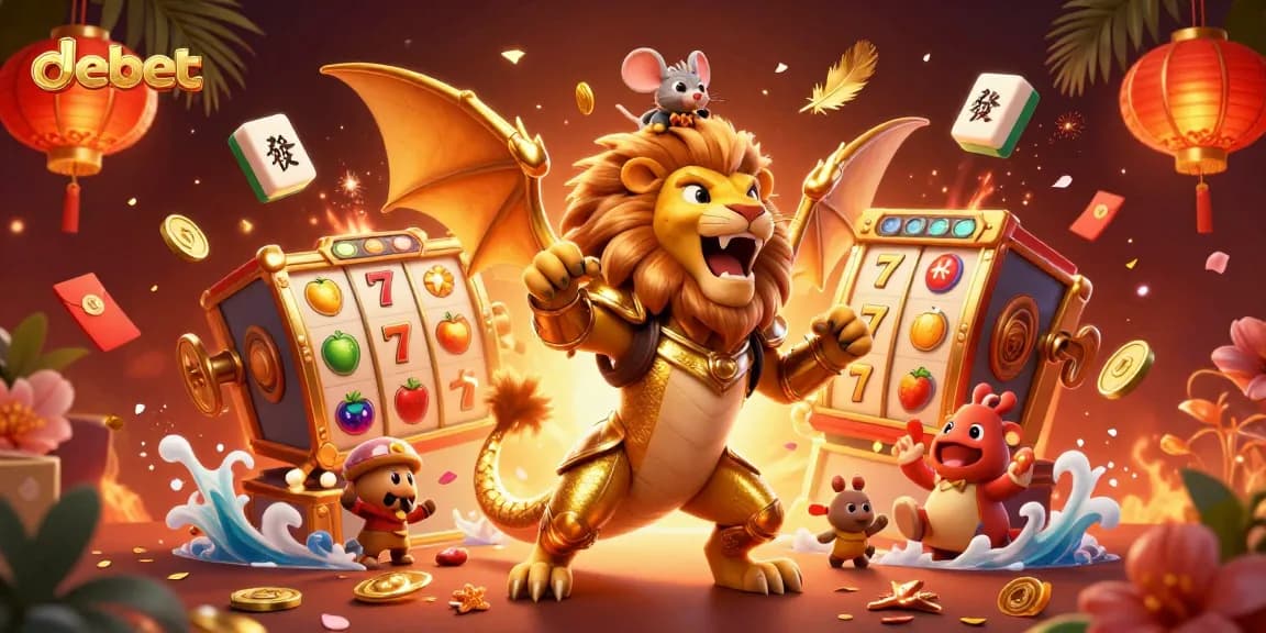 Experience the excitement of debet with a dynamic casino-themed illustration featuring a roaring chimera and jackpot symbols.
