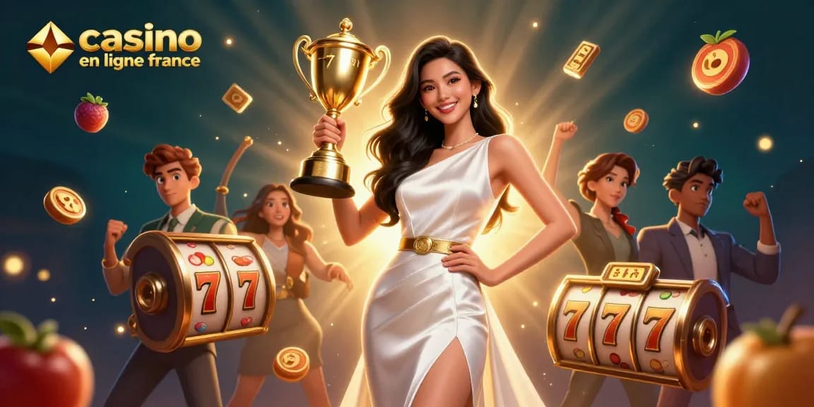Vivez l'excitation du casino en ligne France avec une femme victorieuse tenant un trophée au milieu de machines à sous dynamiques et d'éléments dorés.