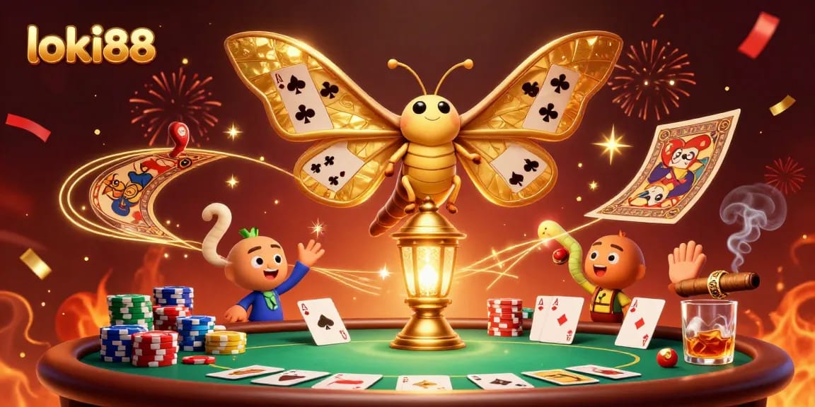 Engage with loki88's thrilling poker scene featuring a majestic atlas moth and rich casino elements.