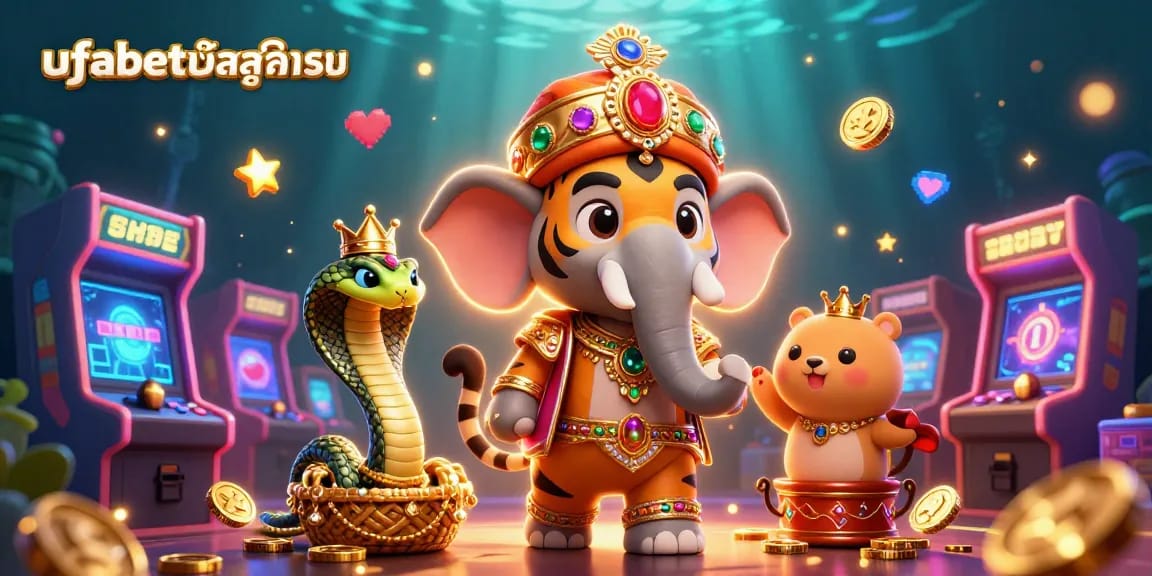 Experience the excitement with ufabetเข้าสู่ระบบ as a cartoon maharaja tiger and elephant immerse in a vibrant casino world.