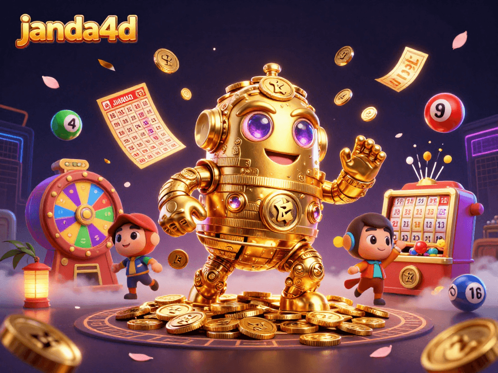 Permainan seru di janda4d, tampilkan jackpot dengan golem emas dan bola lotere yang melambung.