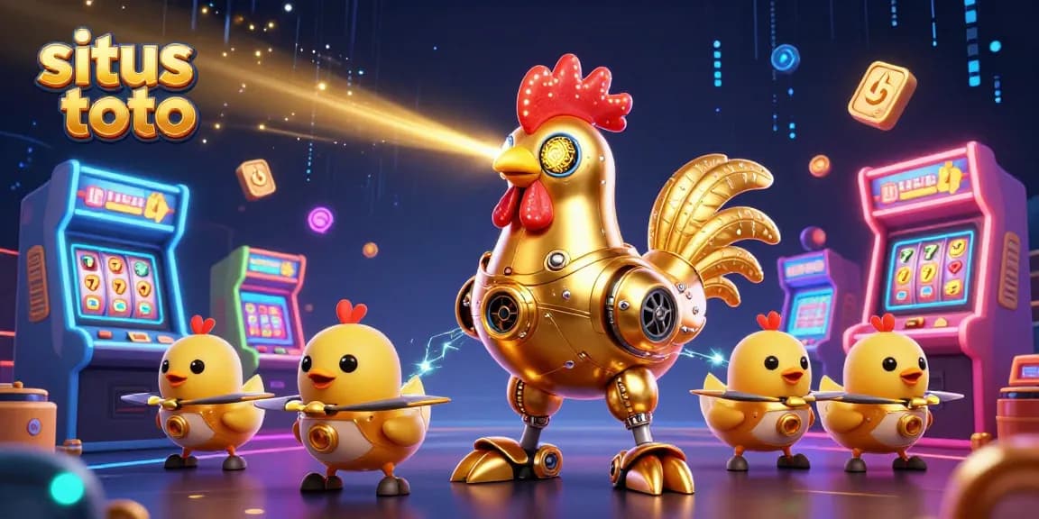 Engage with situs toto through this vibrant 3D casino scene featuring a laser-shooting golden rooster and baby chick drones.
