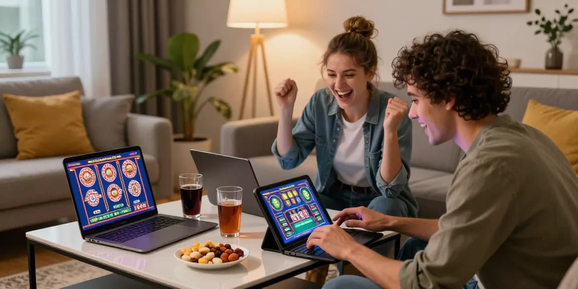 Couple profitant des jeux de casino en ligne France dans un salon confortable.