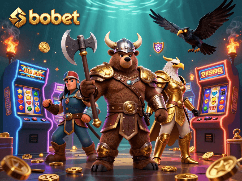 sbobet engages players with dynamic 3D Viking illustrations amidst vibrant casino elements.