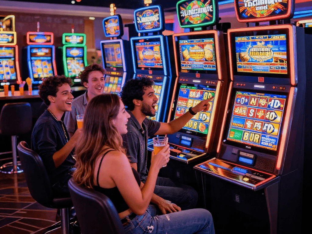 Group enjoying slot depo 10k experience at a lively casino, vibrant atmosphere.