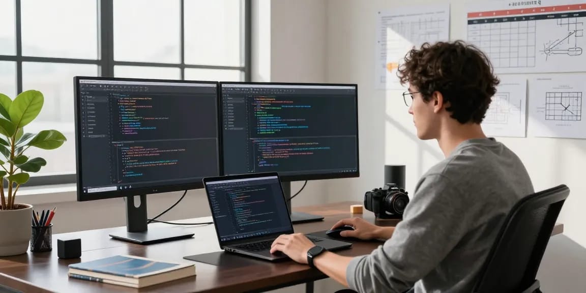 Dynamic workspace showcasing software development on telegramin-cn.com with coding screens, modern desk, and vibrant atmosphere.