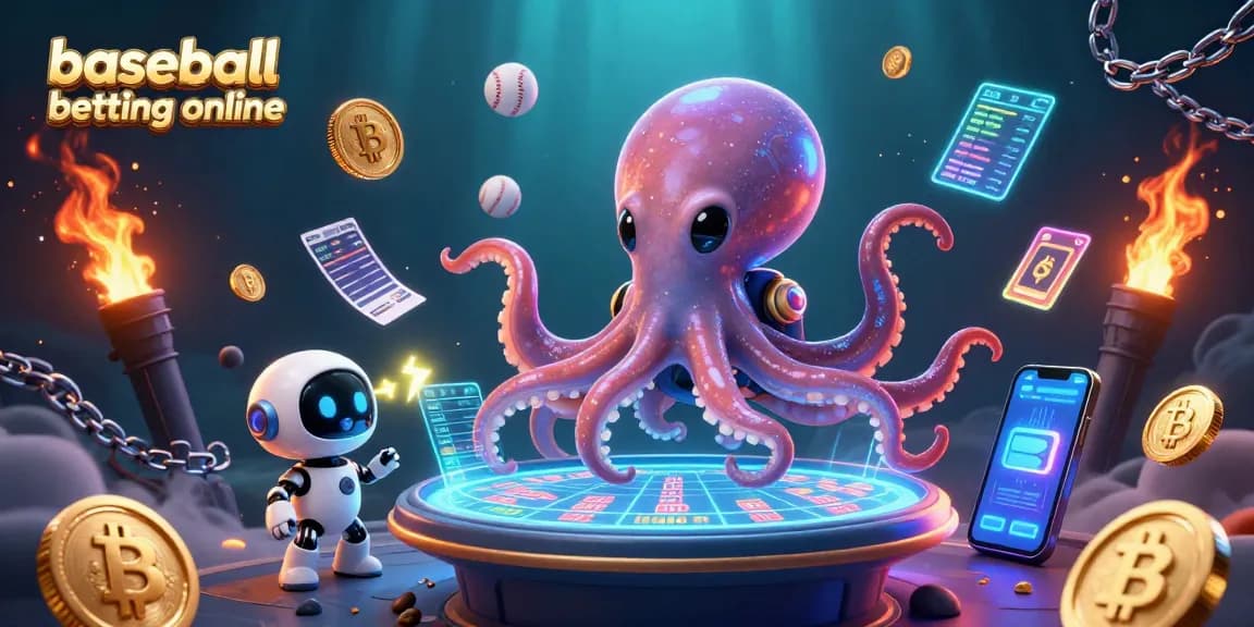 Engage in baseball betting online with a lively 3D scene of an alien octopus operating a betting table.