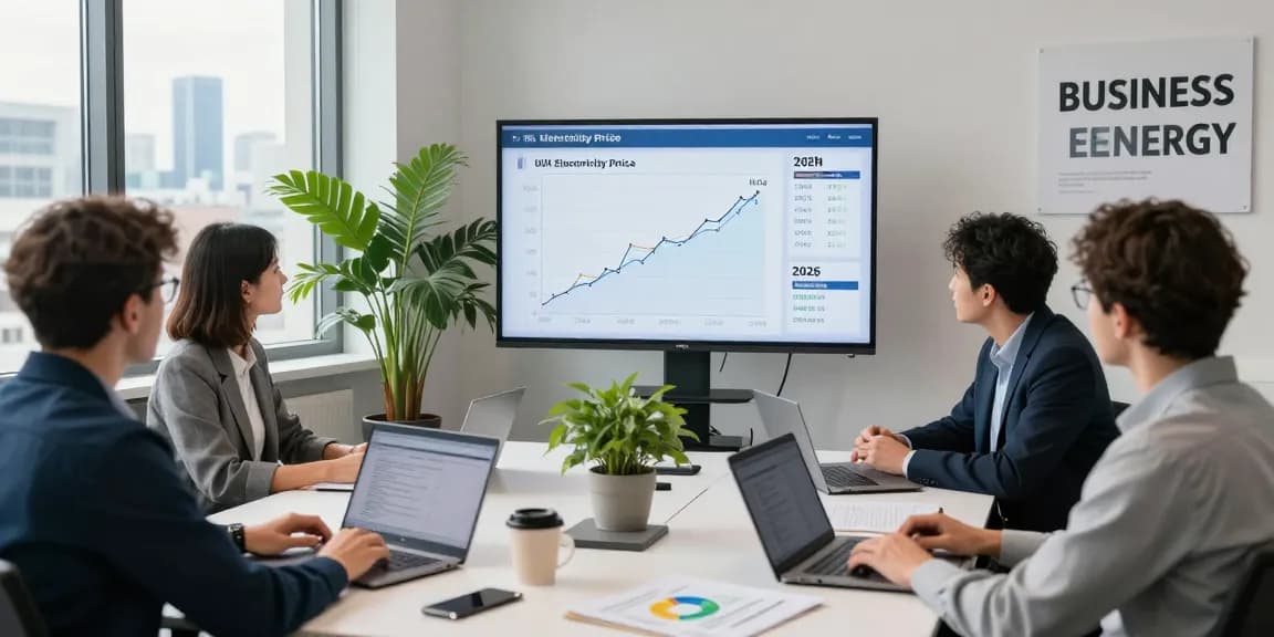 Energy analyst reviewing uk electricity price per kwh april 2026 trends with colleagues in an office setting.