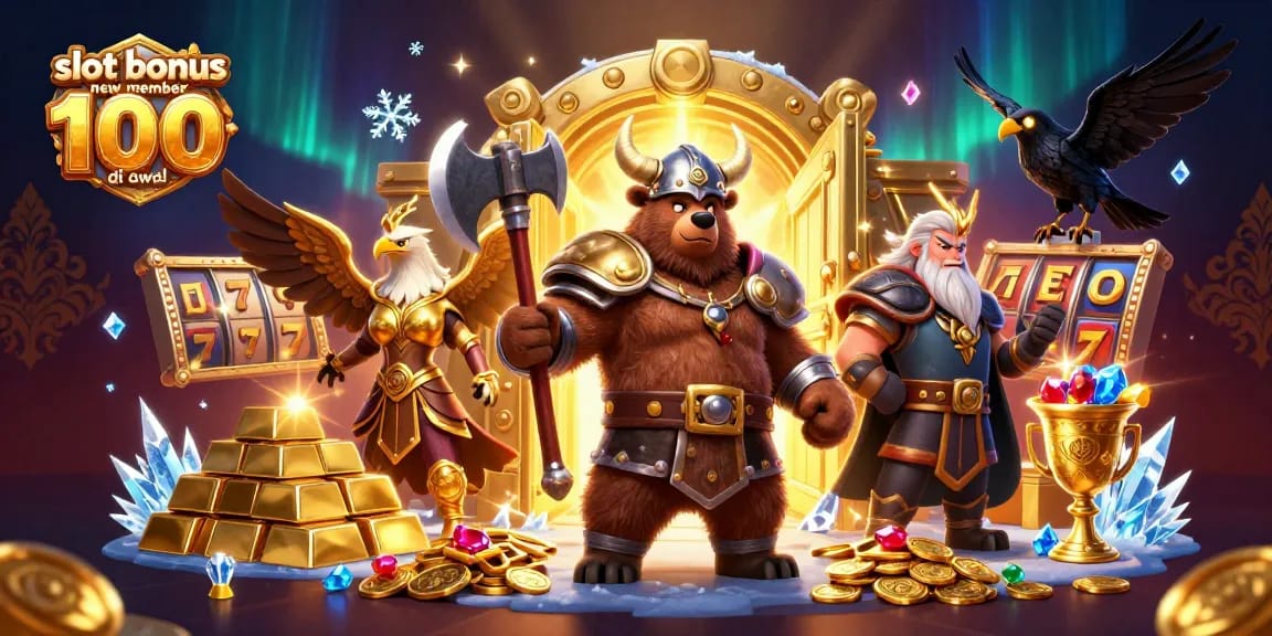 Win exciting rewards with slot bonus new member 100 di awal in a vibrant casino illustration.