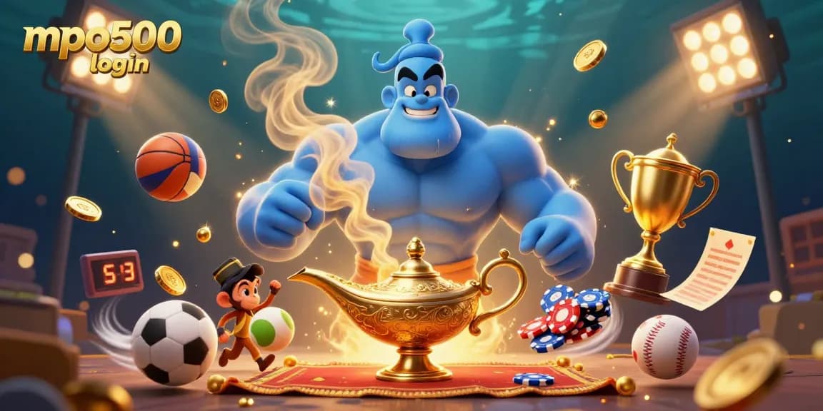 Experience the thrill of mpo500 login with a genie and poker chips in an engaging 3D casino illustration.