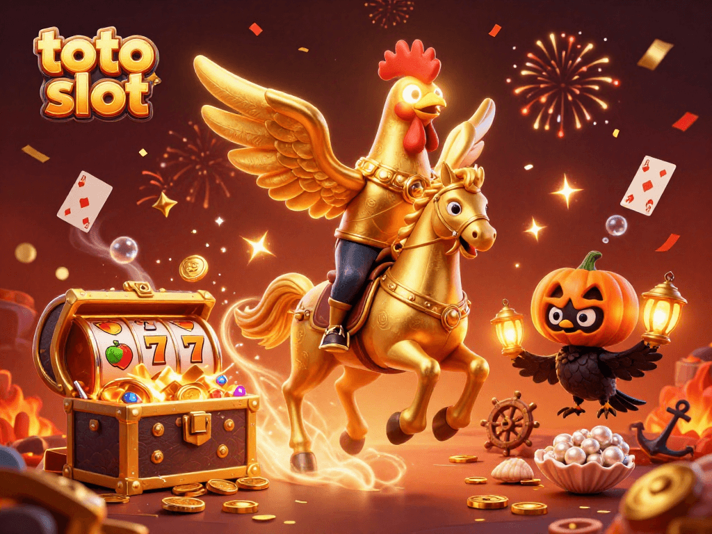 Experience thrilling toto slot action with golden rooster and jackpot symbols in an enchanting casino.