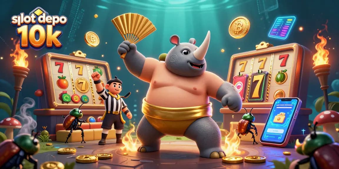 Experience the excitement of slot depo 10k with a sumo beetle champion and vibrant casino elements.