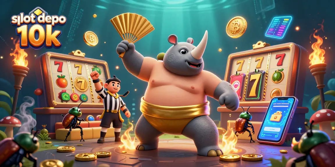Experience the excitement of slot depo 10k with a sumo beetle champion and vibrant casino elements.