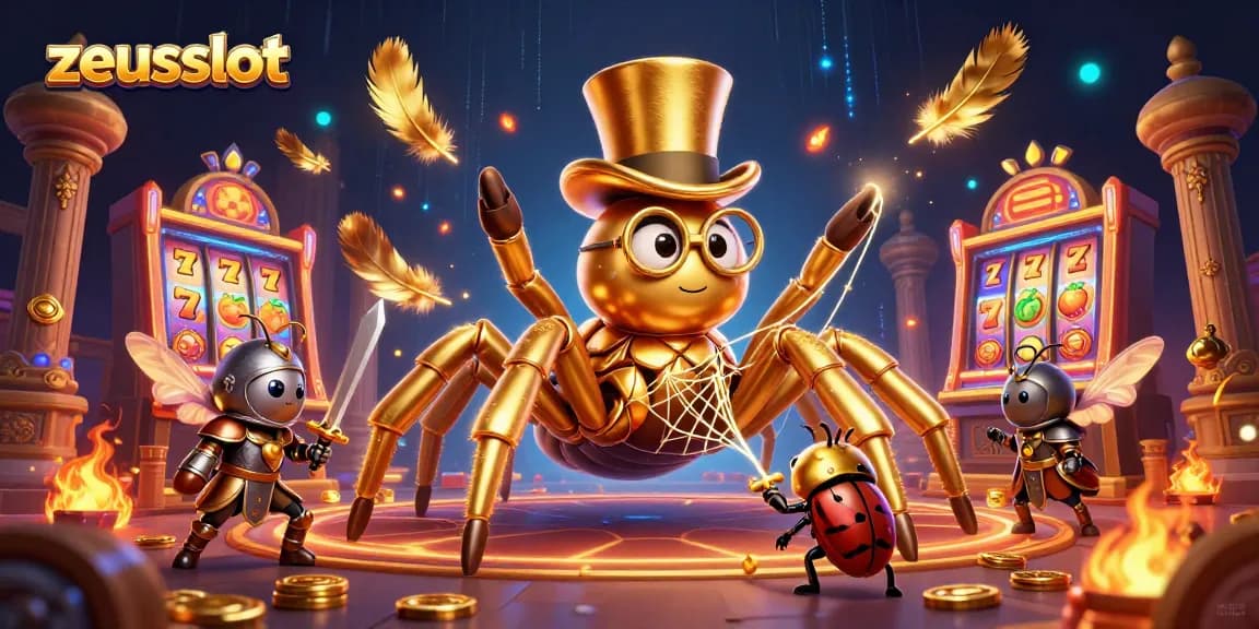 Experience zeusslot action with thrilling animated characters weaving a web of gold amidst vibrant casino elements.
