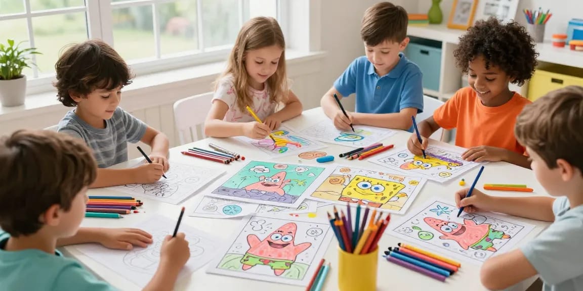 Kids enjoying Seasonal coloring pages featuring Patrick Star in various fun adventures.