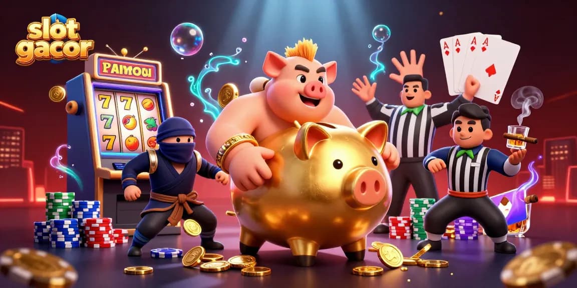 Experience slot gacor excitement with a thrilling 3D casino scene featuring dynamic characters and colorful game elements.