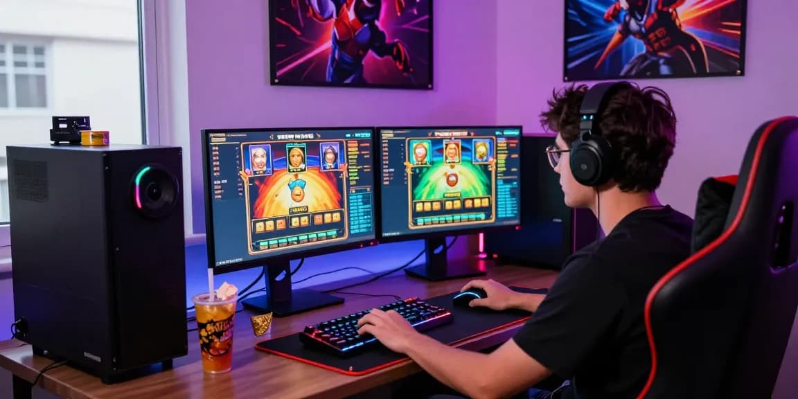 Player enjoying a benihtoto link slot game on dual monitors with vibrant LED lighting in an exciting gaming setup.