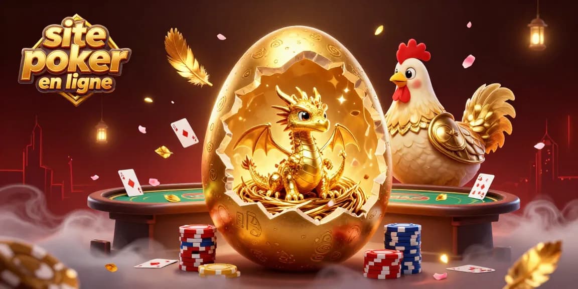 Jouez sur un site poker en ligne avec un dragon en or et des jetons scintillants.