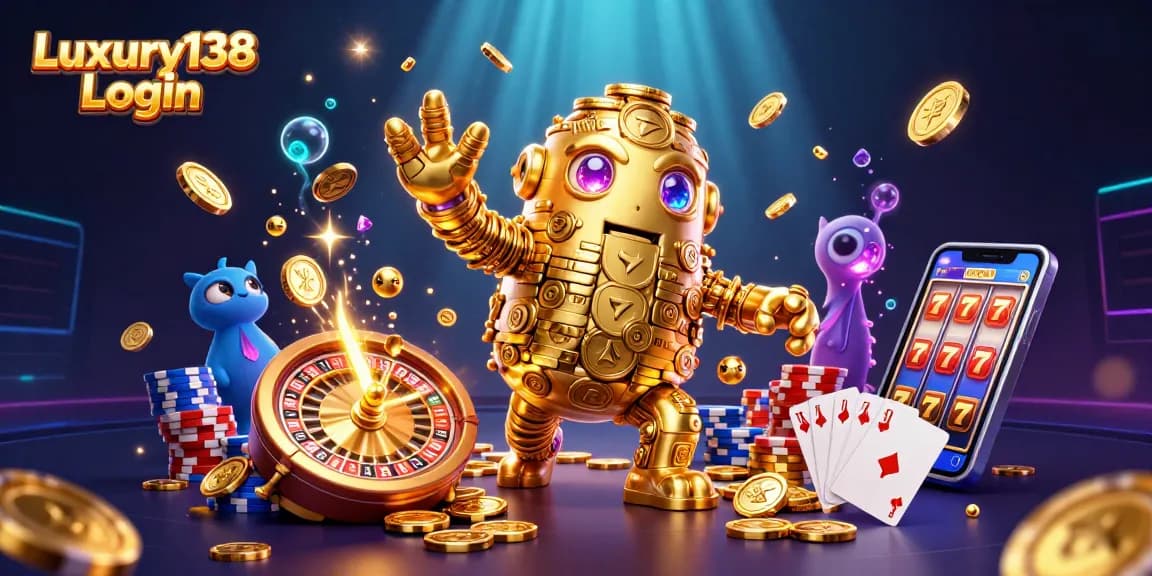 Engage with Luxury138 Login at a lively online casino illustrated scene bursting with dynamic gaming elements.