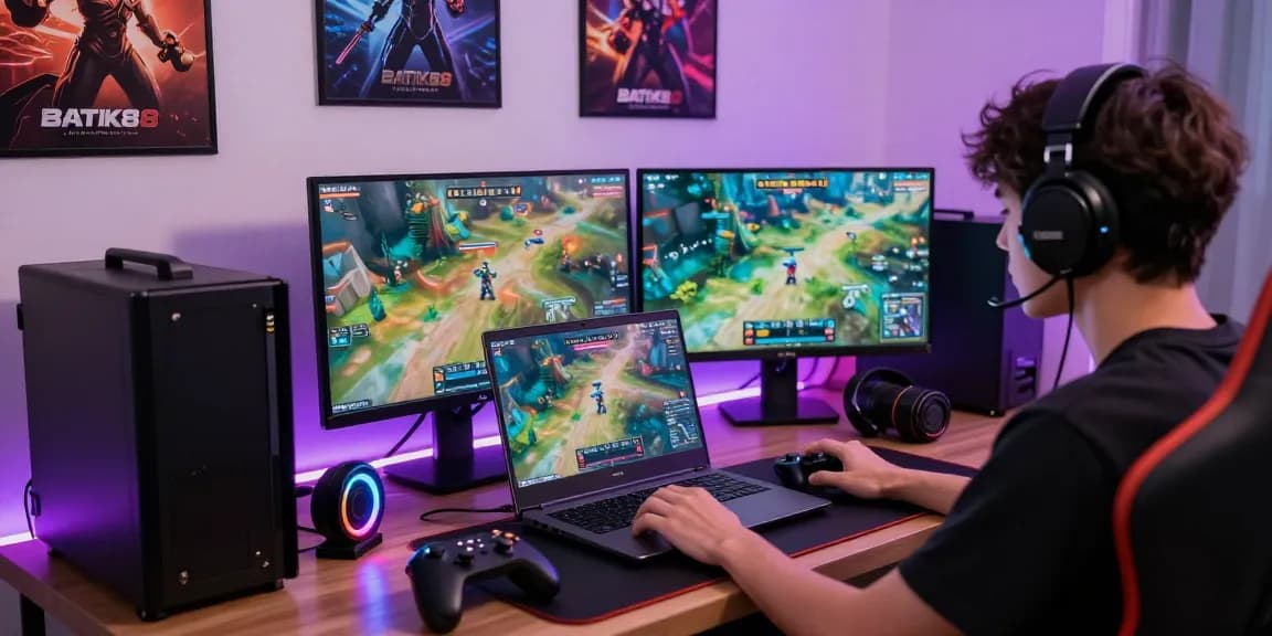 Pengalaman bermain platform BATIK88 GACOR dengan gamer di ruang permainan modern dan aksesori gaming berwarna-warni.