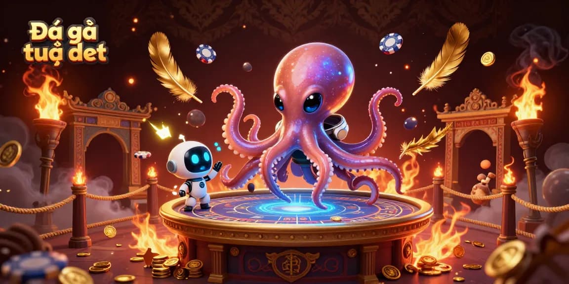 Experience Đá gà trực tiếp with an alien octopus overseeing a thrilling betting arena, showcasing live action and strategy.
