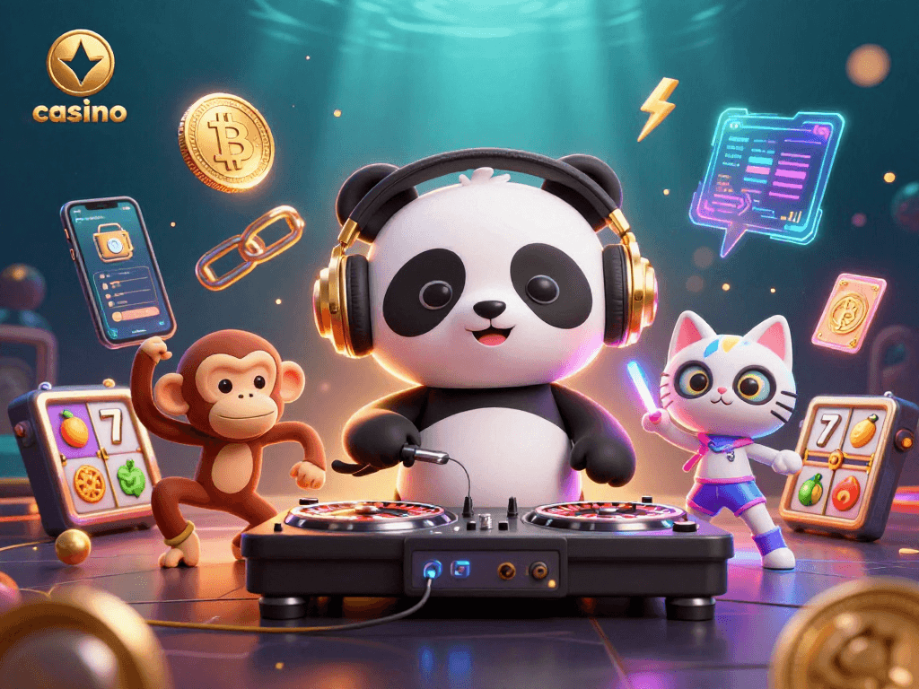 Spin and win at the casino featuring a DJ panda, breakdancing monkey, and glow-stick kitten