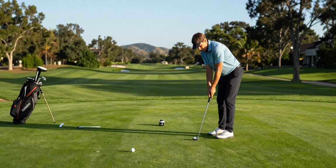 Melihat ulasan dari https://puttperfection.com/putter-reviews pada petak hijau golf dengan pegolf yang sedang berlatih.