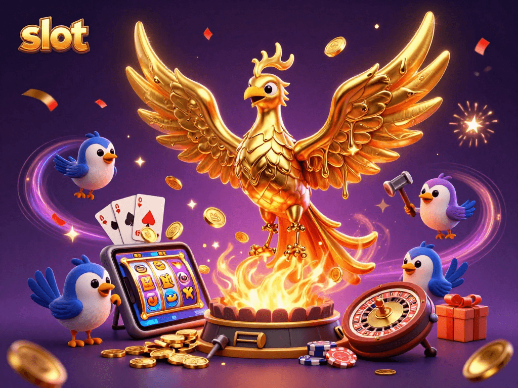 Experience thrilling slot action with a golden phoenix and colorful casino elements.