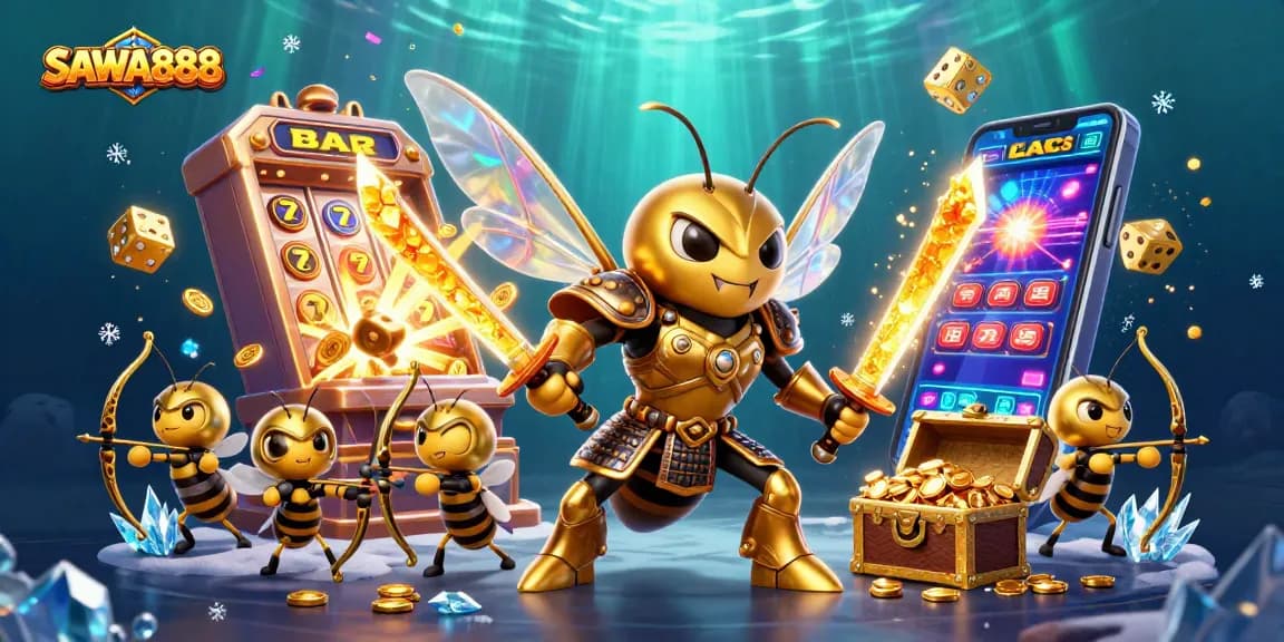 Engage with SAWA888's dynamic slot games as golden hornets celebrate jackpots and gaming excitement.