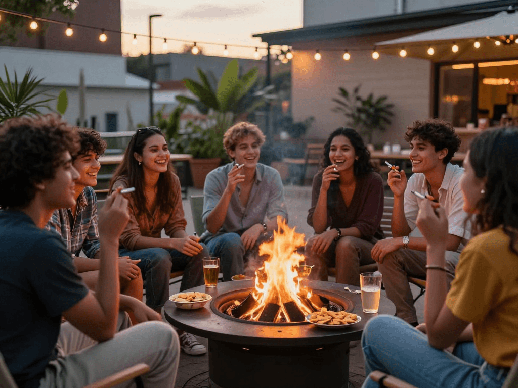 Group of friends enjoying rokok88 cigarettes around a cozy outdoor fire pit