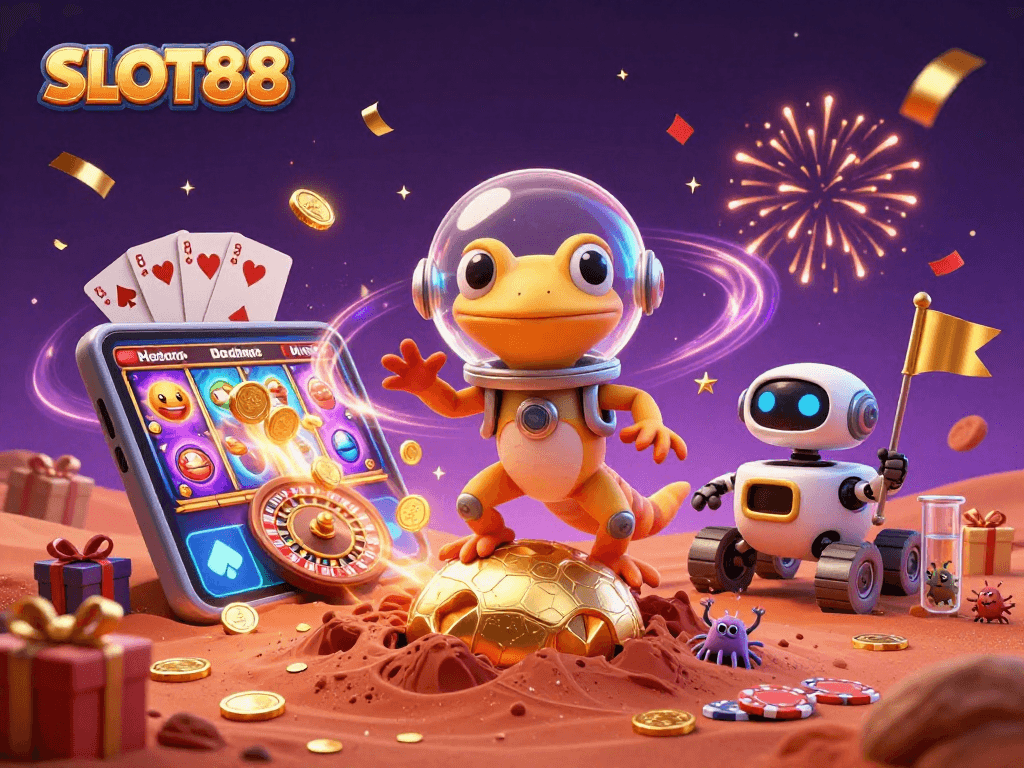 SLOT88 mempromosikan permainan slot dengan kegemaran di luar angkasa dan desain yang penuh warna.