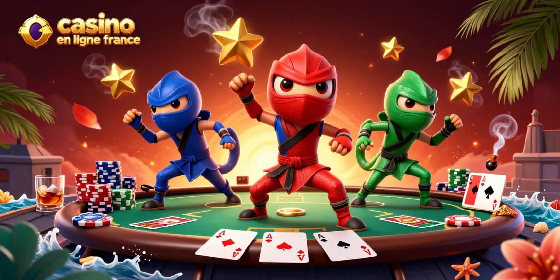 Interagissez avec le casino en ligne France alors que des ninjas caméléons mélangent habilement des éléments de poker dans une scène 3D dynamique.