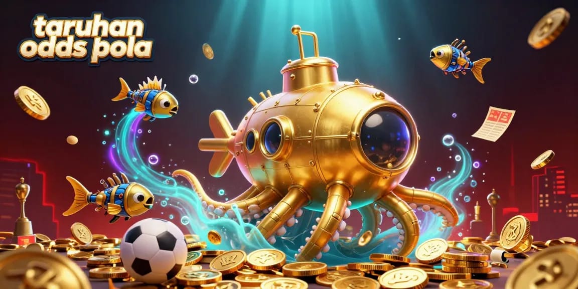 Join the action with taruhan odds bola, featuring a golden kraken submarine and sports elements.