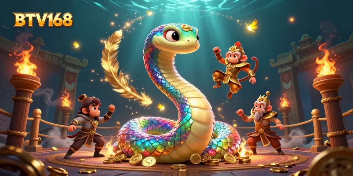 BTV168 showcases a vibrant 3D cartoon scene with a rainbow serpent and golden monkey king amidst casino-themed elements.