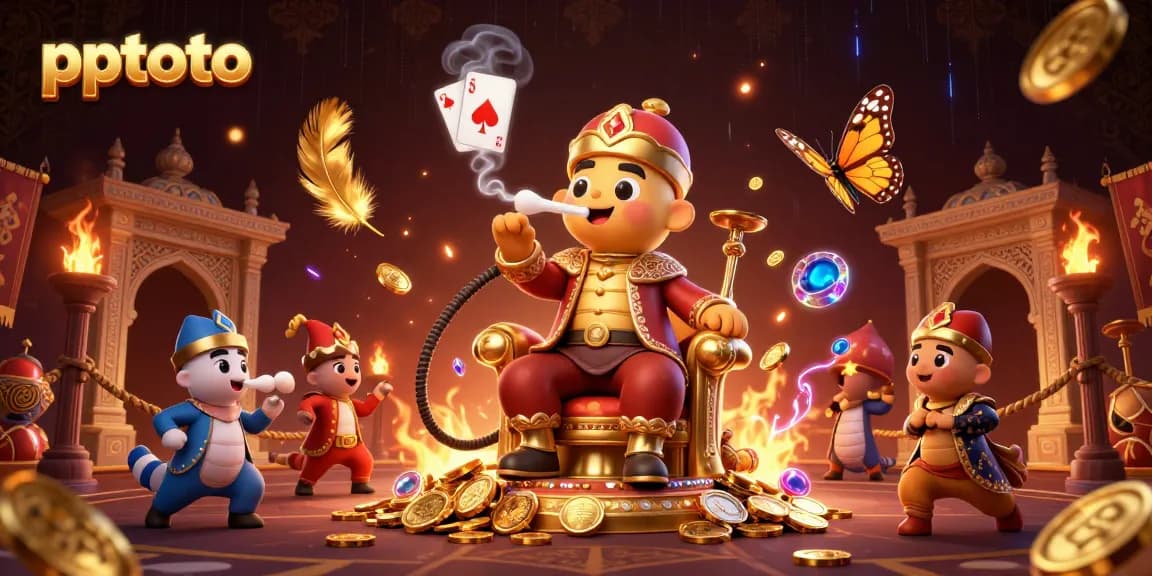 Engage with pptoto's vibrant casino scene featuring a hookah-master and gold symbols.