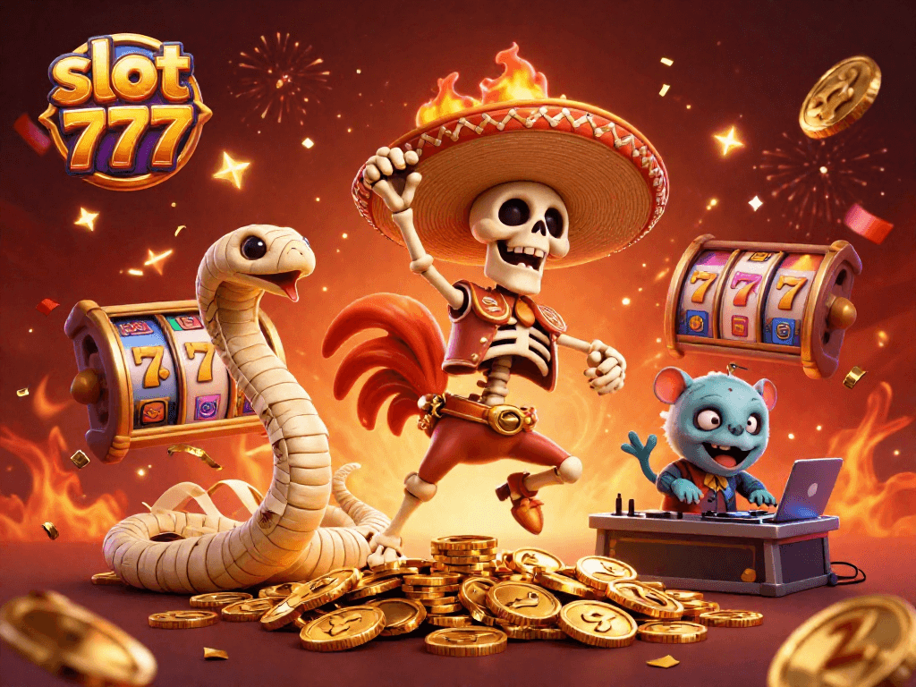 Spin the reels at slot 777, where a lively skeleton mariachi dances amidst gold coins and jackpot symbols.