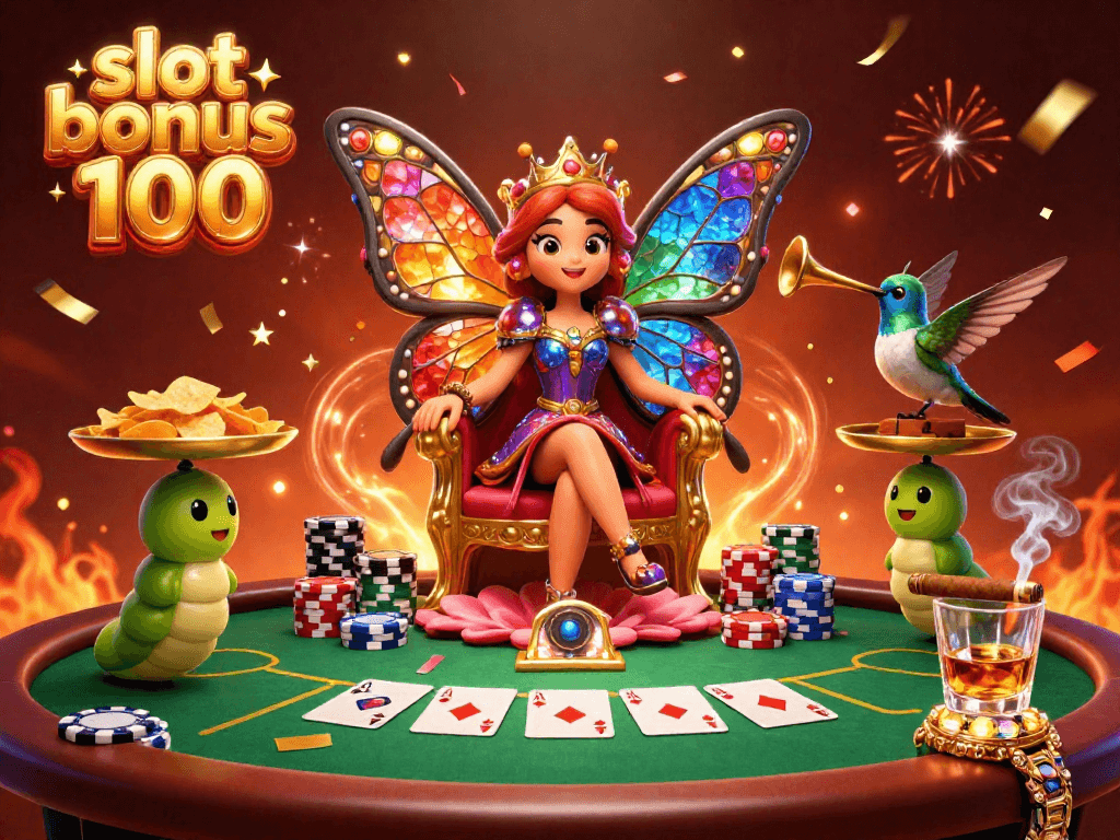 Experience exciting wins with slot bonus 100 in vibrant casino illustration featuring lavish characters.