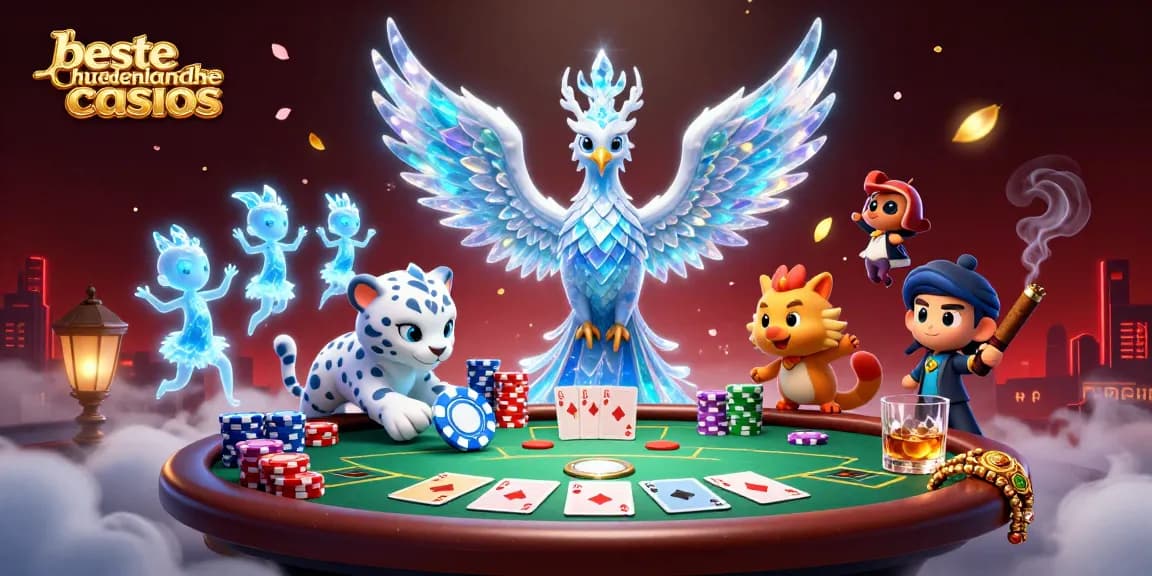 Engaging 3D illustration of the beste buitenlandse casinos featuring a playful snow leopard with poker chips and neon casino elements.