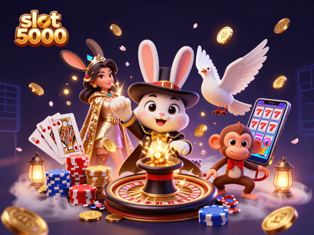 Experience the magic of slot 5000 with a whimsical scene of a magician rabbit, dove, and monkey immersed in the casino atmosphere.