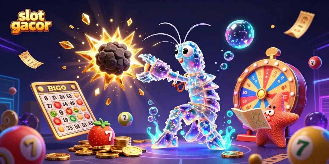 Experience the thrill of slot gacor with a vibrant scene of animated characters, colorful slots, and dynamic casino elements.