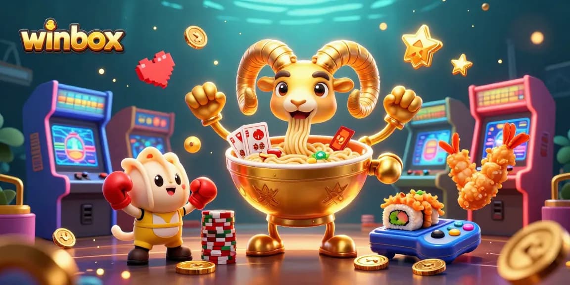 Winbox features a vibrant 3D illustration of a golden ramen bowl dealing cards in a dynamic casino setting.