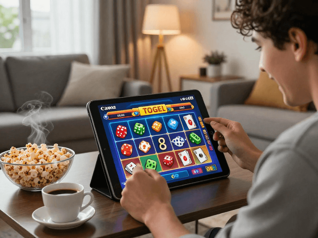 Player engaging with togel 4D game on tablet in a cozy living room