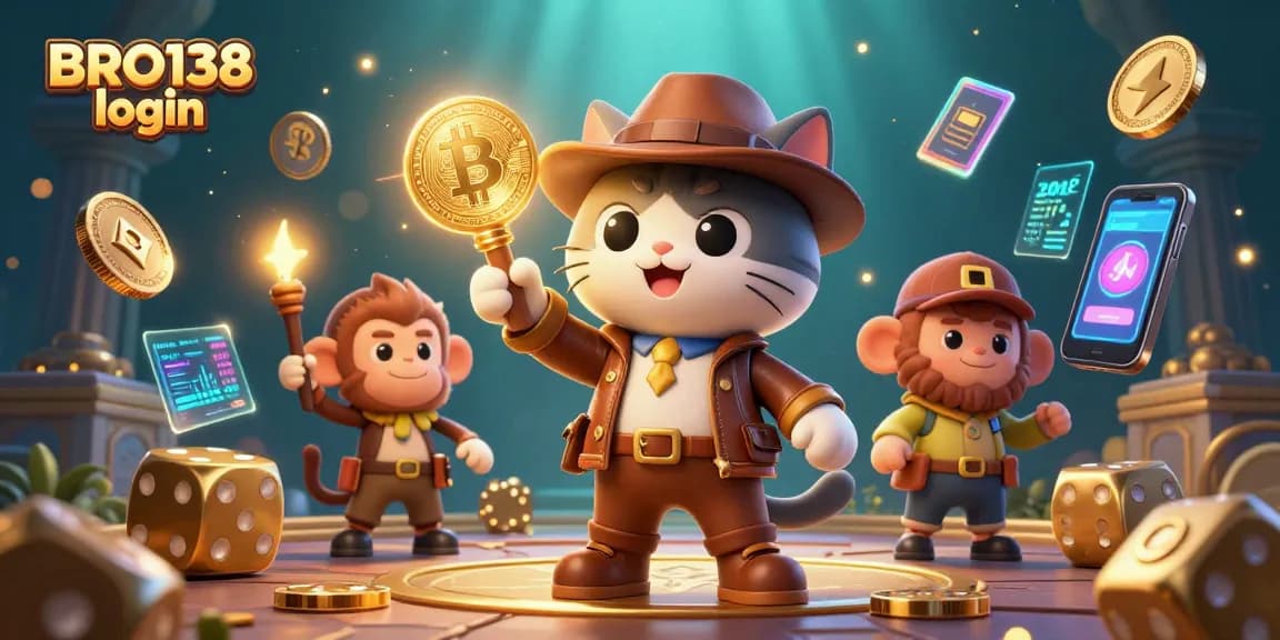 Engage with BRO138 login in a vibrant 3D casino scene featuring animated characters and glowing crypto elements.