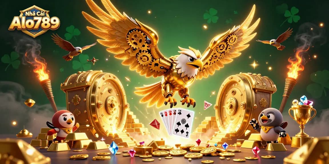 Experience the thrill of cockfighting with Nhà Cái Alo789 in this vibrant, dynamic 3D illustration.